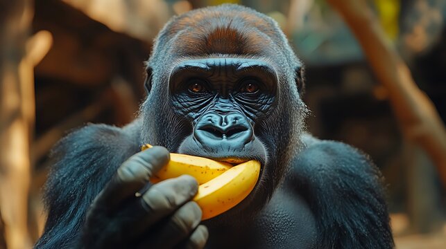 Close-up portrait of a gorilla eating a banana.