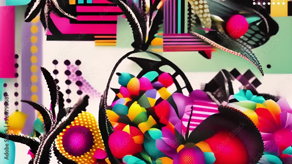 Poster colorful abstract shapes and patterns animation over vibrant geometric background