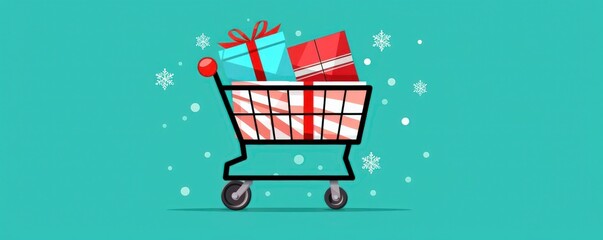 Black Friday banner, festive shopping cart with sale items, flat design illustration