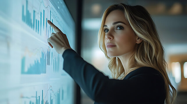 A woman pointing at a computer screen with a graph