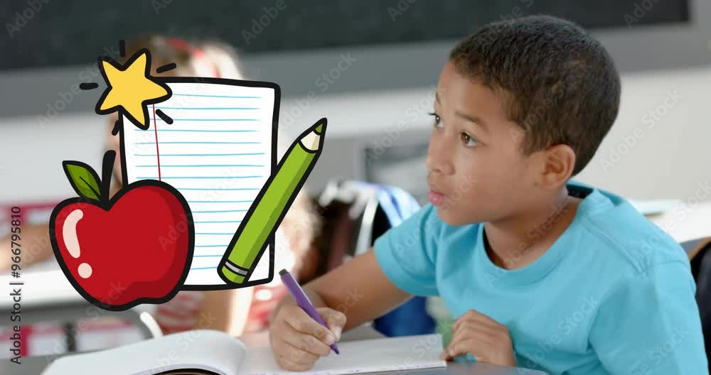 Poster writing in notebook, boy with pencil and apple animation over classroom scene
