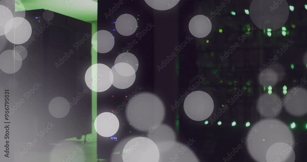 Poster animation of spots of light and data processing over computer servers