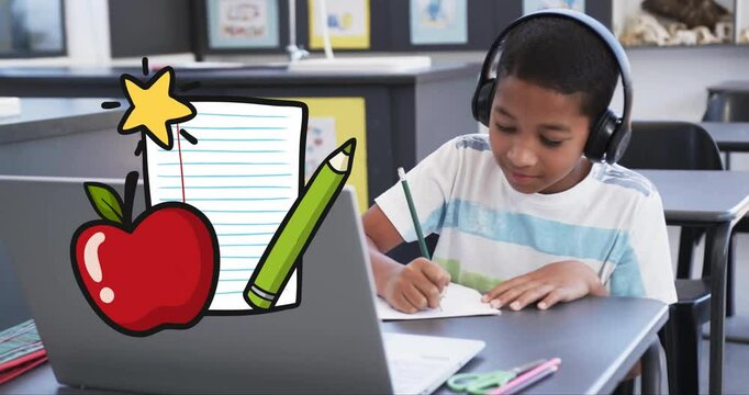Studying at desk, child wearing headphones with school supplies animation over scene