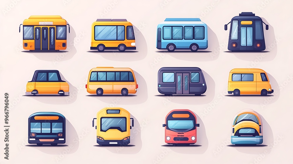Wall mural flat vector icon set for a transportation app, featuring icons for different types of public transpo