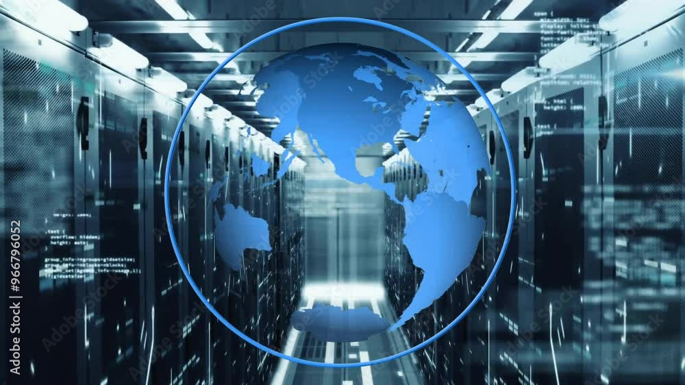 Poster animation of globe and digital data processing over computer servers