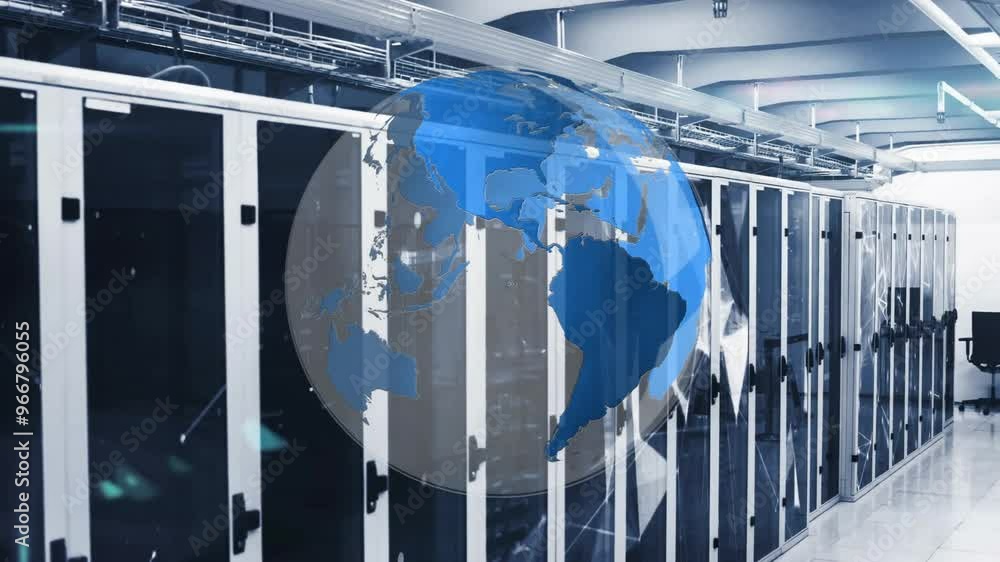 Poster animation of globe and digital data processing over computer servers