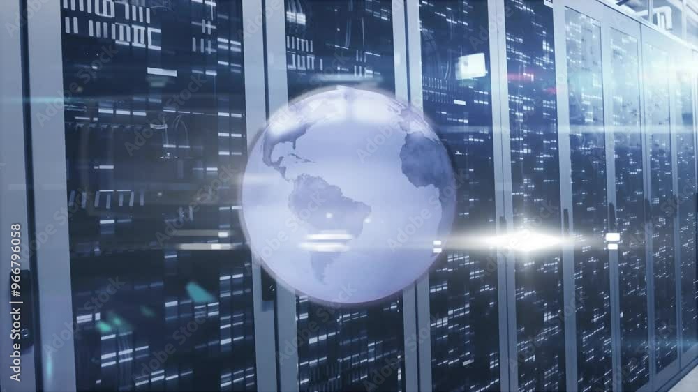 Poster animation of globe and digital data processing over computer servers