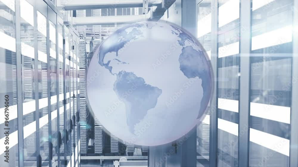 Poster animation of globe and digital data processing over computer servers