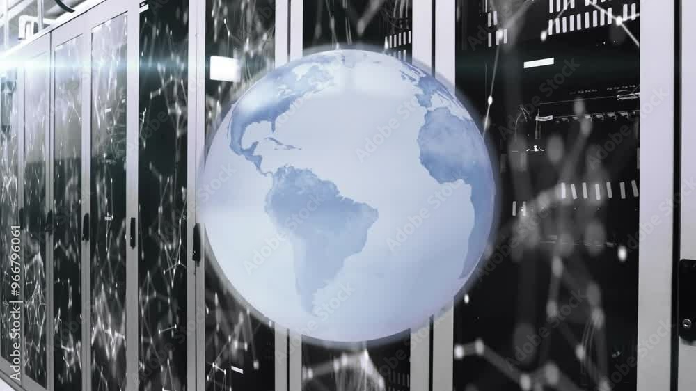 Poster animation of globe and digital data processing over computer servers