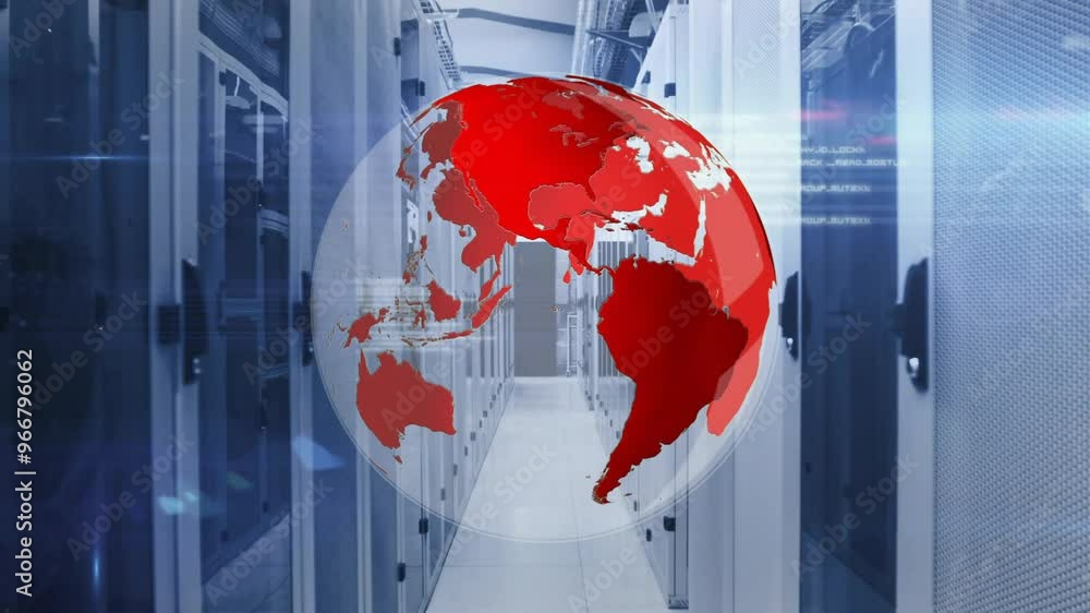 Poster animation of globe and digital data processing over computer servers