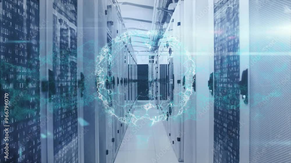 Poster animation of globe and digital data processing over computer servers
