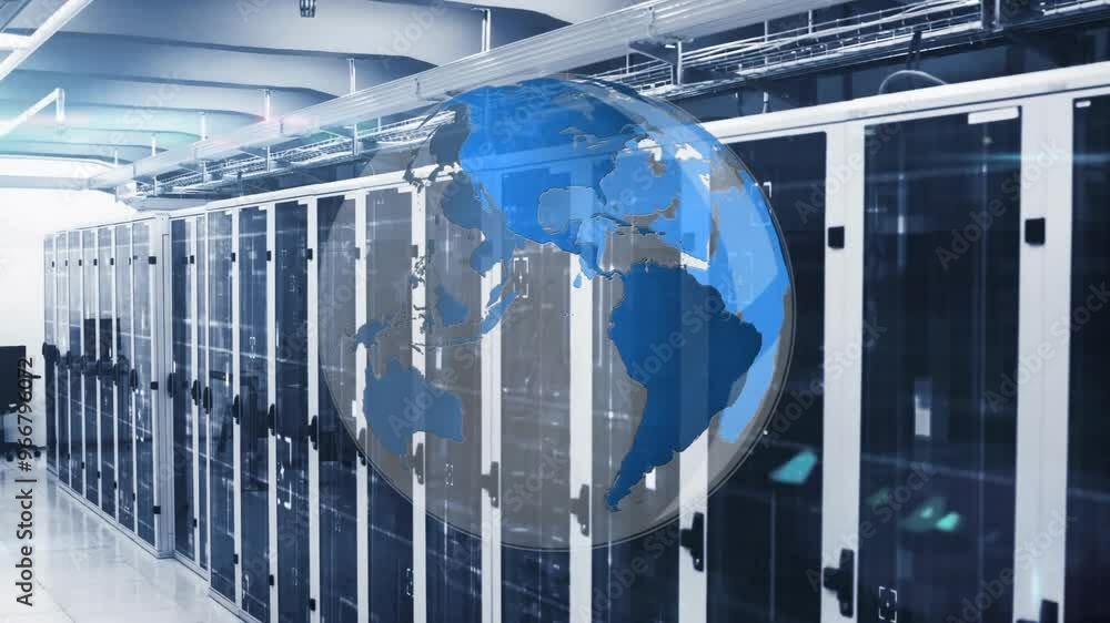 Poster animation of globe and digital data processing over computer servers