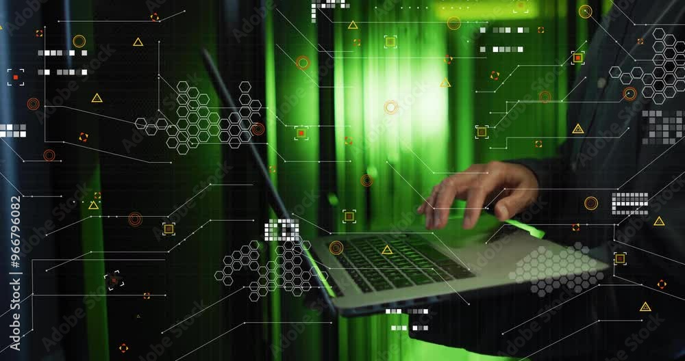 Aufkleber animation of digital data processing over african american it man with laptop by computer servers