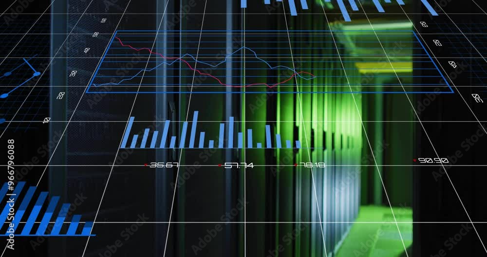 Poster animation of statisticks and digital data processing over computer servers