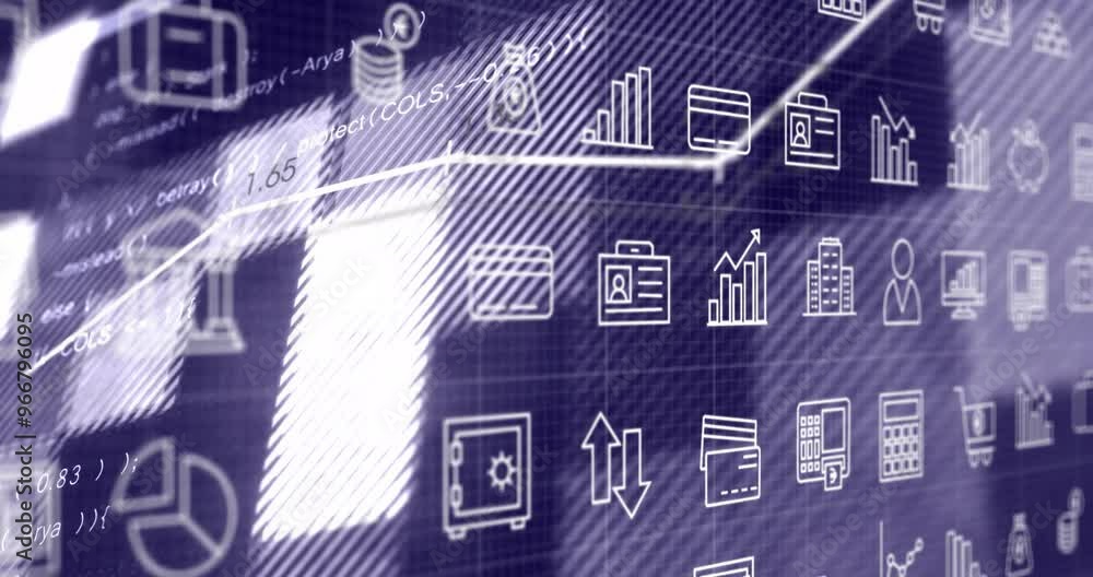 Poster animation of digital icons and data processing over computer servers