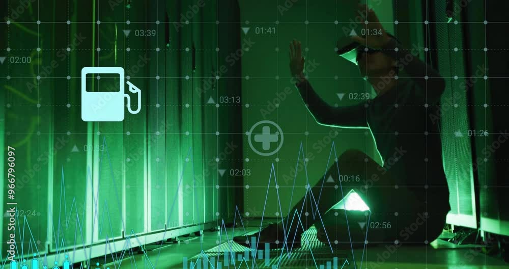 Poster animation of digital icons and data processing over asian man using vr headset by computer servers