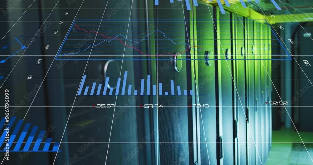 Aufkleber animation of statistics and digital data processing over computer servers