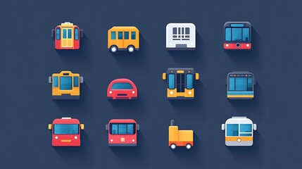 Flat vector icon set for a transportation app, featuring icons for different types of public transportation like buses, subways, and trains with a modern and informative design. 