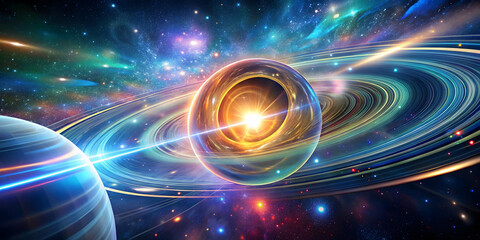 Obraz premium Cosmic Dance of Light: A vibrant celestial tableau featuring a swirling galaxy, illuminating streaks, and a captivating planet, ideal for projects on space, energy, and the cosmos. 