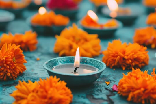 Traditional Diwali Pooja setup with flowers, candles, and idols, spiritual celebration, light and kindness, cultural reverence