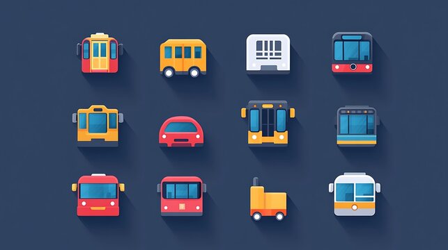 Flat vector icon set for a transportation app, featuring icons for different types of public transportation like buses, subways, and trains with a modern and informative design. 