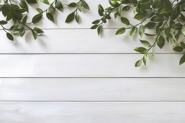 Aerial view of a white wood plank table top with clean lines and textures, creating a fresh and modern look
