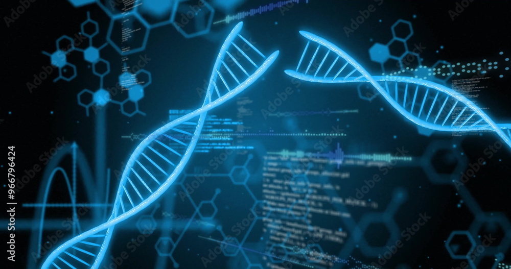 Aufkleber image of digital data processing and dna strands on black background