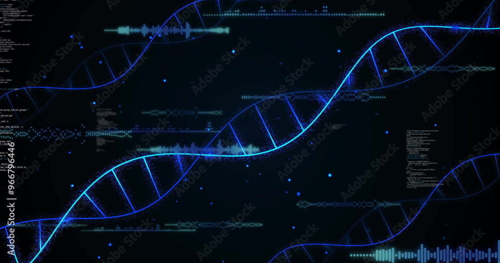 Wall mural Image of digital data processing and dna strands on black background