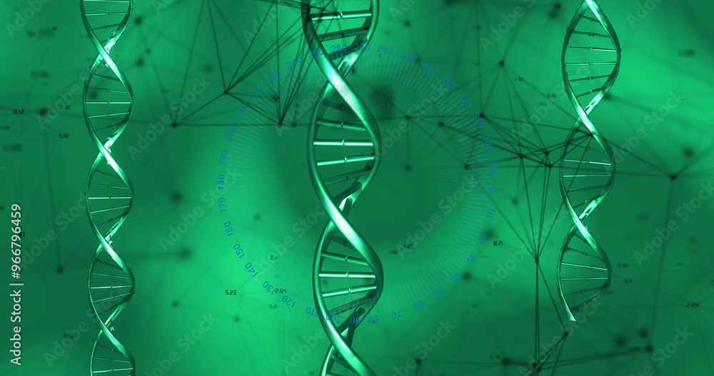 Poster image of networks of connections and dna strands on green background