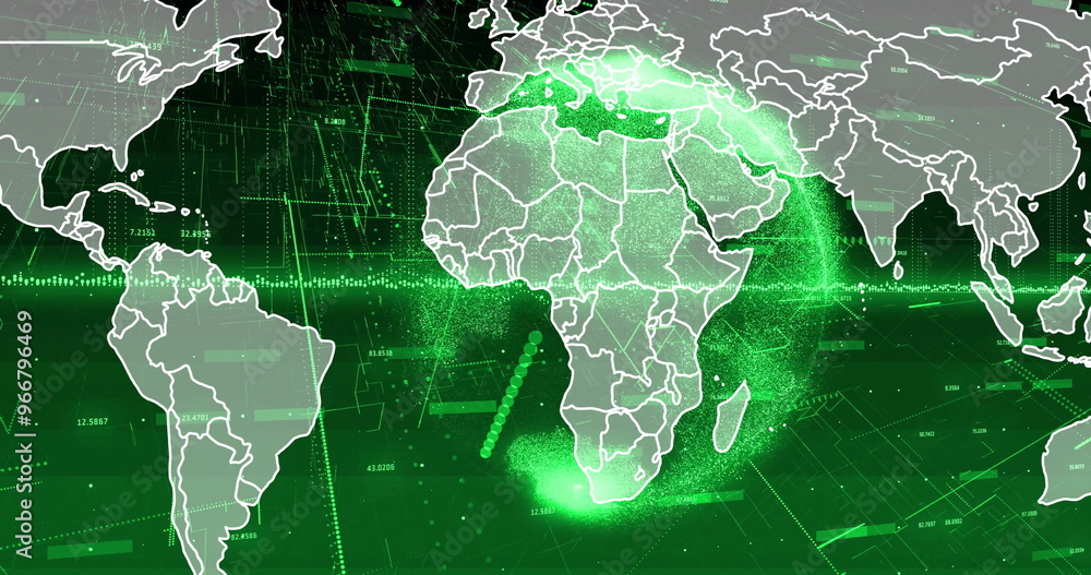 Poster image of digital data processing and globe over world map on green background