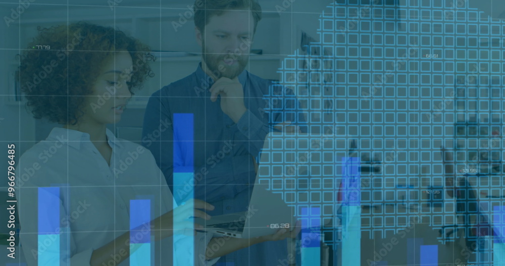 Poster image of financial data processing over diverse colleagues discussing work in office