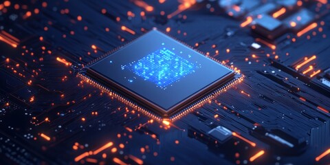 Blue glowing digital data pattern on a black circuit board