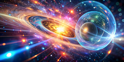 Cosmic Genesis: A swirling vortex of interstellar dust and luminous energy births a radiant sphere, symbolizing the awe-inspiring beauty and mystery of the cosmos. 