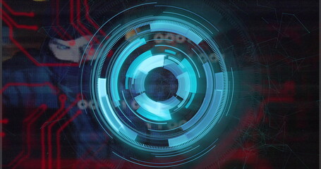 Image of digital data processing and circuit board over black background