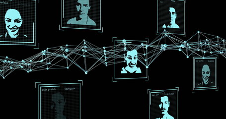 Image of digital biometric photos, data processing and dna strand on black background