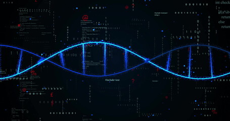 Image of digital data processing and dna strand on black background