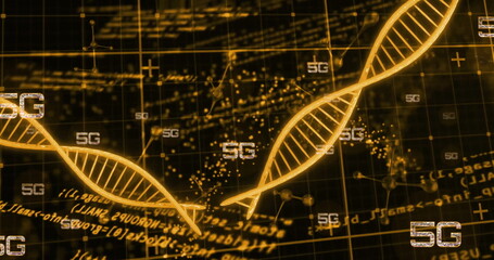 Image of 5g text, digital data processing and dna strands on black background