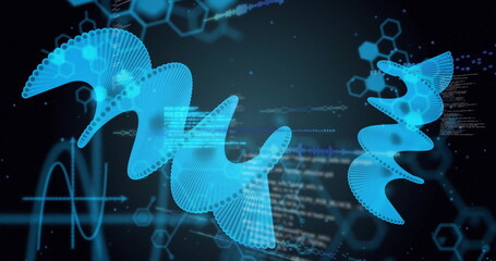 Image of digital data processing and dna strands on black background