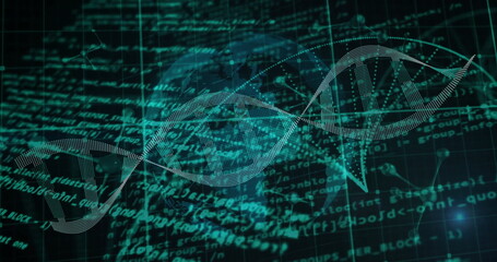 Image of scientific data processing over dna strands on dark background