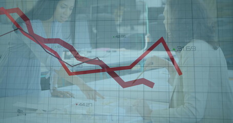 Image of financial data processing over diverse colleagues discussing work in office