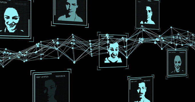 Image of digital biometric photos, data processing and dna strand on black background