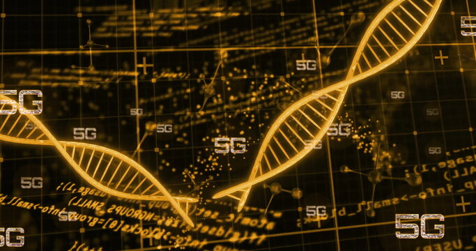 Image of 5g text, digital data processing and dna strands on black background - Powered by Adobe