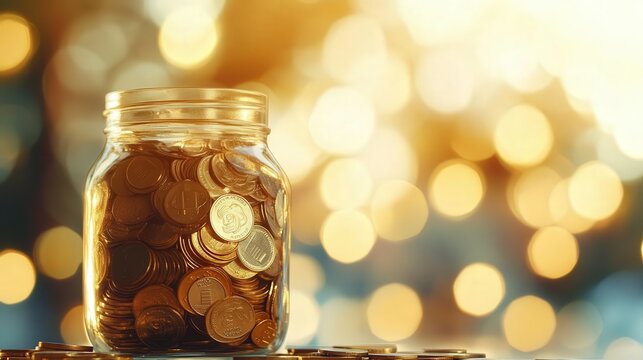 Jar filled with coins and discount vouchers, savings, frugal living