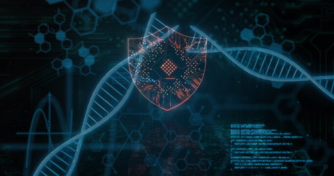 Image of scientific data processing over dna strands on dark background