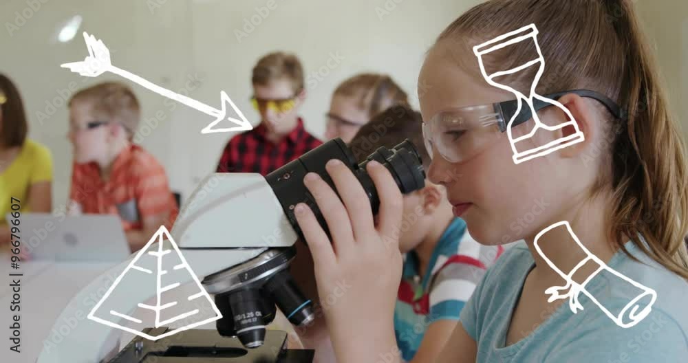 Wall mural Animation of school icons over diverse schoolchildren at school