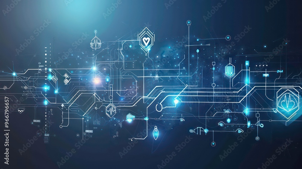 Poster abstract digital network with glowing lines and nodes on dark blue background.