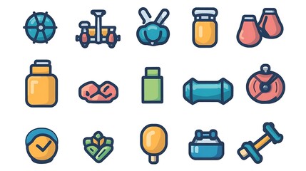 Flat vector icon set for a workout app, featuring icons for different types of fitness goals like weight loss, muscle gain, and endurance training with clear and energetic designs. 