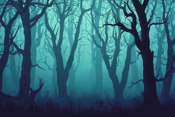 Obraz premium Spooky forest with fog, haunted ambiance, flat design illustration
