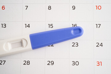 Pregnancy test and birth control pills on calendar, contraception health and medicine.