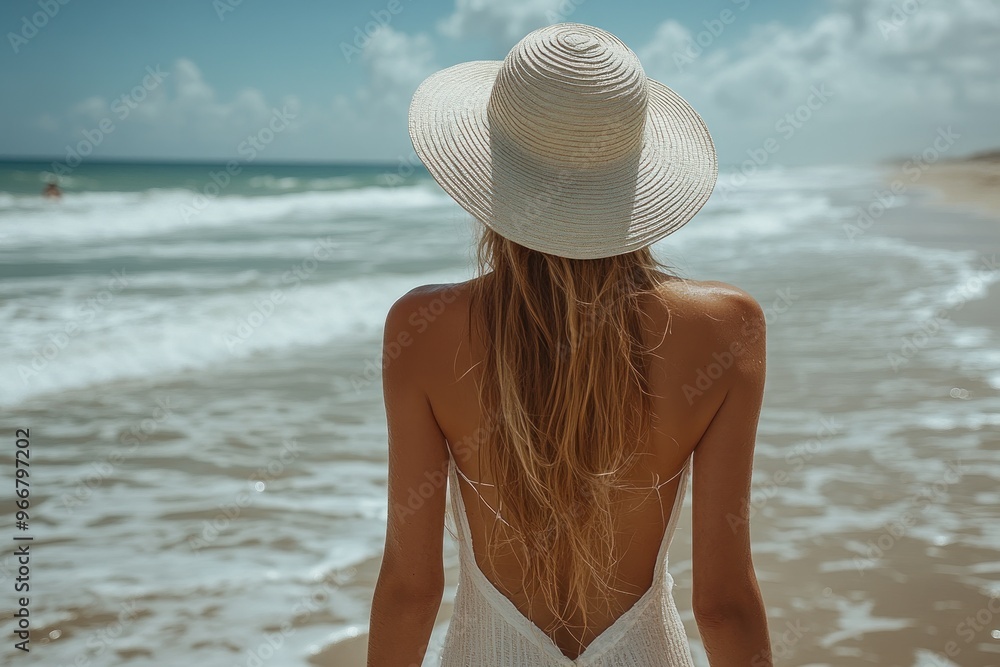 Wall mural Woman in a White Dress and Hat at the Beach